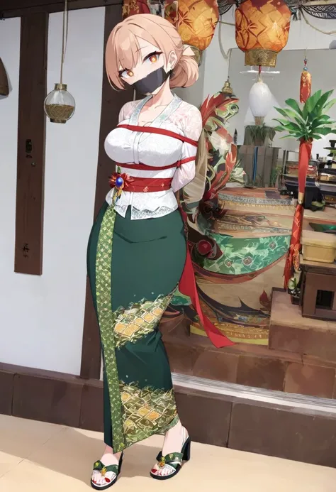 score_9, score_8_up, source_anime, 1girl, solo,The photo features a woman standing in traditional decorations. She is wearing traditional attire consisting of a light white kebaya with lace trim and a long green skirt with batik or songket patterns. The wo...