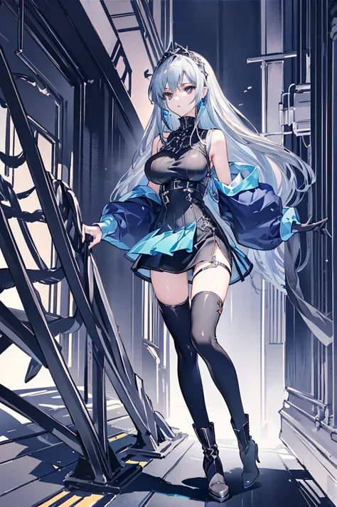 ((Full body, standing)) ((Long legs, beautiful legs, big breasts)) ((Beautiful Empress)) ((Leather mini skirt, Tights, high heel boots)) ((Gothic fashion)) ((Long silver-blue hair, silver eyes)) ((anatomically correct))((ultra high quality))