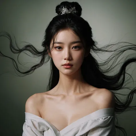 Create a portrait of a young korean woman, flowing black hair with buns, set against a sage, smoky background. She is wearing a white open shoulders dress and has a poised, medium chest, elegant expression. The woman has a hairpin with intricate designs in...