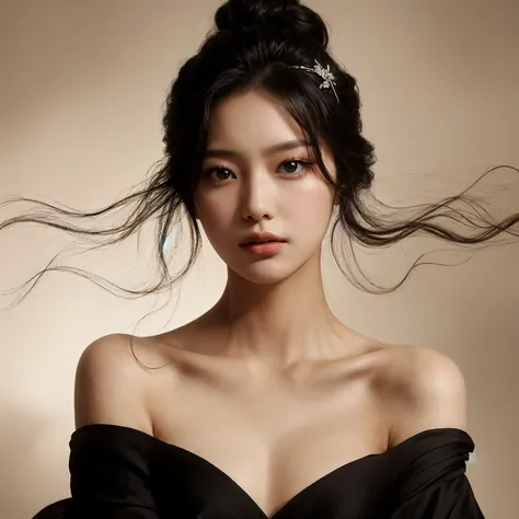 Create a portrait of a young korean woman, flowing black hair, set against a cream, smoky background. She is wearing a black open shoulders dress and has a poised, medium chest, elegant expression. The woman has a hairpin with intricate designs in her hair...