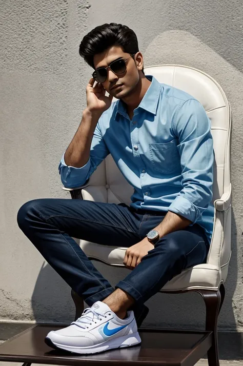 SHAH

Create a 3D illusion for a where a 25 years boy in a blue shirt sits casually on a Wingback Chair. Wearing sneakers,a sunglasses, he looks ahead. The background features "Md Miraj" in big and capital white fonts on the black wall. There should not be...