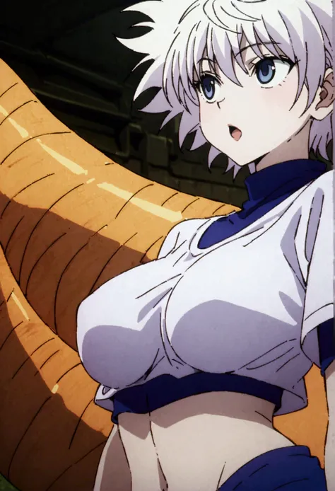 killua zoldyck ahegao,  big breast, crop top, and kitsune and lamia body