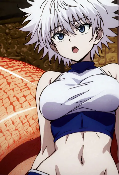 killua zoldyck ahegao,  big breast, crop top, and kitsune and lamia body