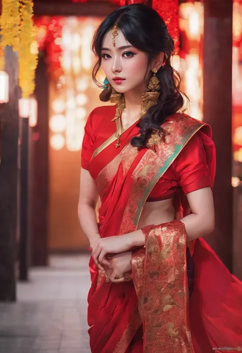 a cute anime girl mitsuri in a red sari,glamour pose,red and cinematic lighting,by Natasha Tan,red clothes,by Emma Andijewska,stunning elegant pose,wearing red,sensuous,gold and red,wearing a red outfit,all red,glamorous pose,photorealistic,ultra high qual...