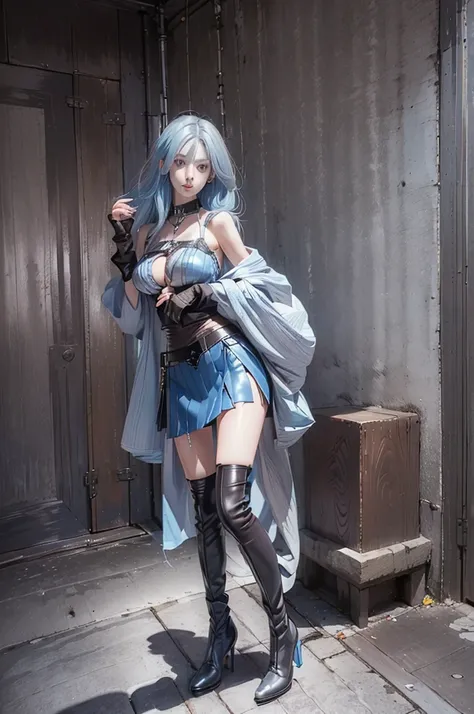 ((Full body, standing)) ((Long legs, beautiful legs, big breasts)) ((Beautiful Empress)) ((Leather mini skirt, Tights, high heel boots)) ((Gothic fashion)) ((Long silver-blue hair, silver eyes)) ((anatomically correct))((ultra high quality))