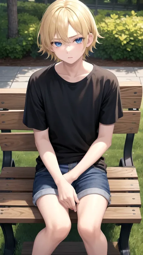 masterpiece, best quality, high quality, ,dark forsest, 1boy, solo, 14-year-old boy,male focus, looking at viewer , blonde hair,black T-shirt ,blue jean shorts, blue eyes, sitting on a bench 