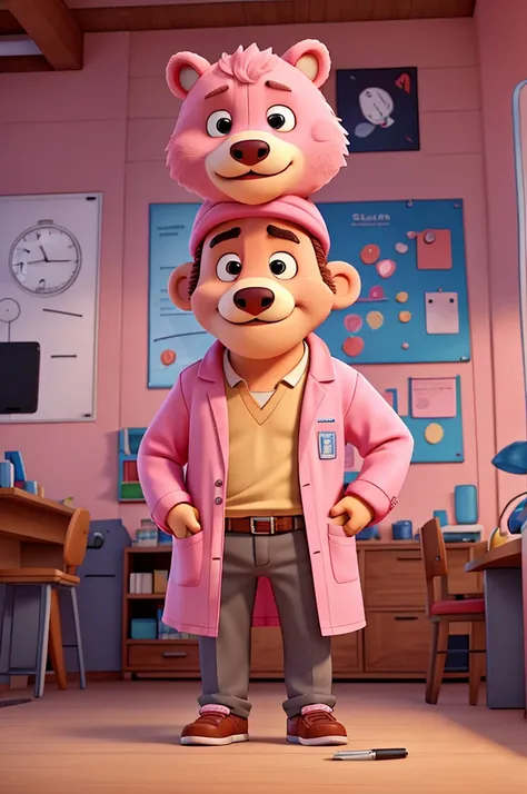 cartoon of a pink bear in a lab coat, with smartphone in his left pocket, holding a notebook in his right hand and a pen in his left, both hands in front of his body. On the back a studio reception with the writing RECEPTION on the wall, illustration style