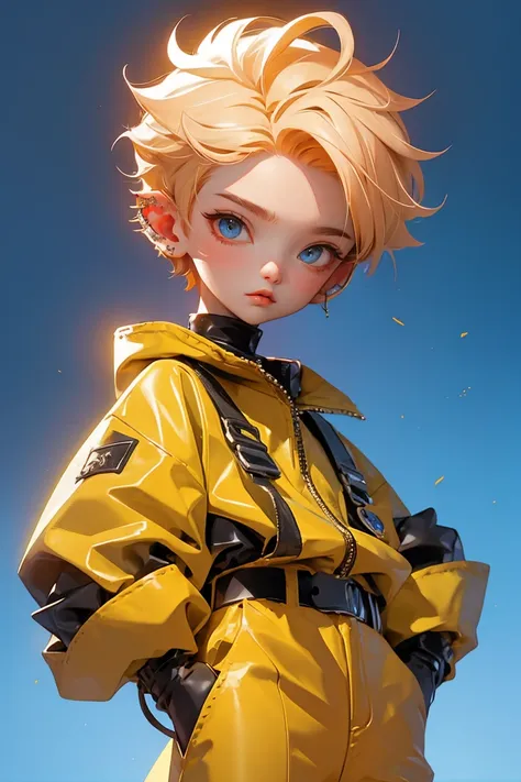 blind box,simple background, one boy, spiky short hair,blonde hair color,black rubber gloves