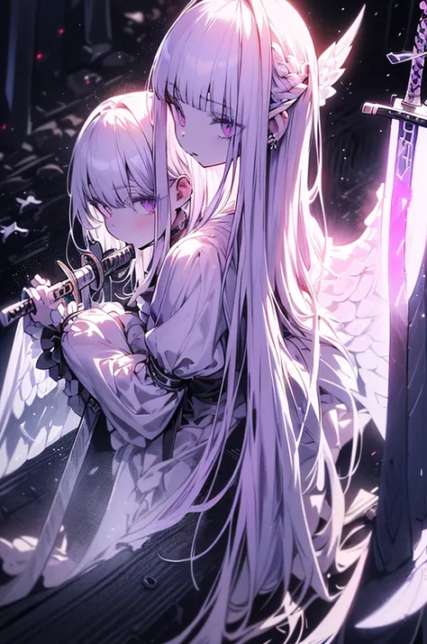 white gothic lolita angel of punishment, long white hair, purple eyes, 4 wings, (((((holding a sword))))), mature, slim, tall, (best quality,4K,8K,mackerel,masterpiece:1.2),very detailed,(realistic,photorealistic,photo-realistic:1.37),intricate details,Con...