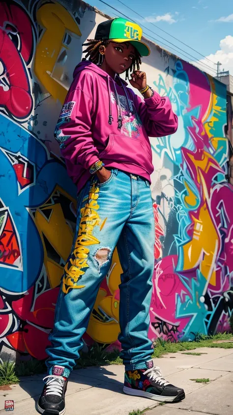 Full color drawing of  Jamaica  hip-hop, hip-hop, hip-hop, hip-hop, baggy jeans, rapping (((graffiti art) (by Karen Griffith))), in a sea background, crazy details, intricate details, hyper details , Low Contrast, Cinematic Soft Light, Exposure Blend, HDR,...