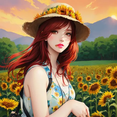 a red-haired woman wearing a hat in a field of sunflowers, cute sunflower anime girl, anime cover, made with anime painter studio, Trends on Devianart, anime digital illustration, pixiv daily ranking, not anime style, painted in anime painter studio, non-s...