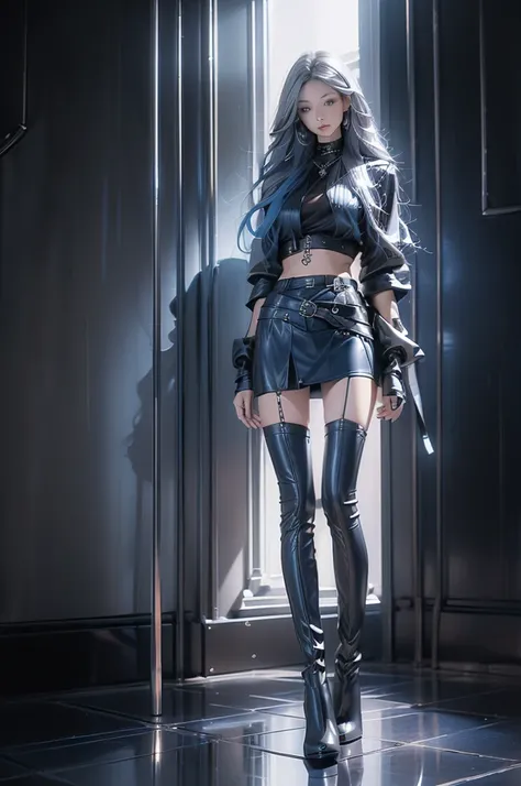 ((Full body, standing)) ((Long legs, beautiful legs, big breasts)) ((Beautiful Empress)) ((Leather mini skirt, Tights, high heel boots)) ((Gothic fashion)) ((Long silver-blue hair, silver eyes)) ((anatomically correct))((ultra high quality))