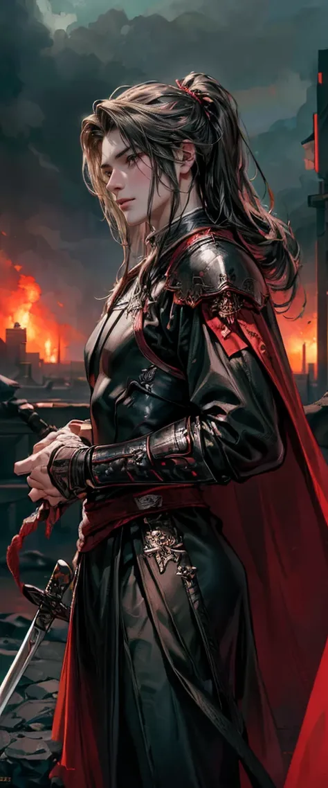 ((Masterpiece, Top Quality, High Resolution, Photorealistic, Raw, 8K wallpaper)), A male swordsman in black clothes, Hero of the viking, (A sword is held in hand), he has long black, wears iron armor and a red cape, Surrounded by enemy soldiers with a burn...