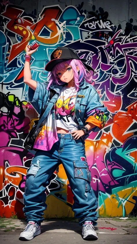 Girl, Full color drawing of   hip-hop, hip-hop, hip-hop, hip-hop, baggy jeans, rapping (((graffiti art) (by Karen Griffith))), in a sea background, crazy details, intricate details, hyper details , Low Contrast, Cinematic Soft Light, Exposure Blend, HDR, F...