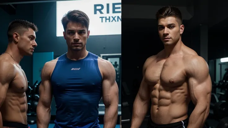 Create a thumbnail image showing the impressive transformation from a thin man to a man with a strong, muscular chest. The image must be divided in half: on the left, a thin man wearing a tight t-shirt, and on the right, the same muscular man showing off h...