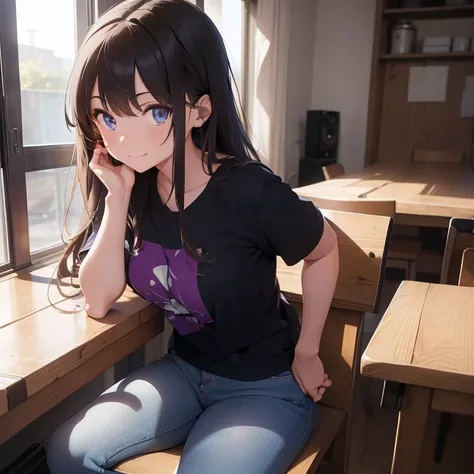 Masterpiece, high quality, 4K, best quality, One 20 years old girl, solo, has Blue eyes, beautiful eyes, has Brown long hair, wears Purple T-shirt and farmer jeans, in the bedroom, sitting on a chair, in front of the table, wears black headphones on her he...