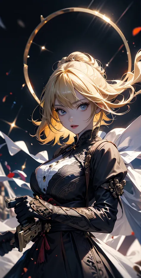 masterpiece, high quality, 4K, Beautiful design, silhouette，blonde， 非常に詳細な夜のStarry Sky,Flower Field， wonderful, Finer details,  Very knowledgeable woman, Highly detailed solo, 1 female,Big Breasts，Red Gothic Lolita Fashion，２Hold the gun in front of your ch...