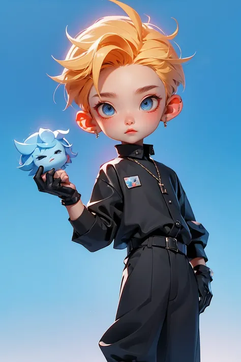 Blind Box,Simple Background, One boy, Very short, spiky hair,Blonde Hair Color,Black rubber gloves,Black work clothes