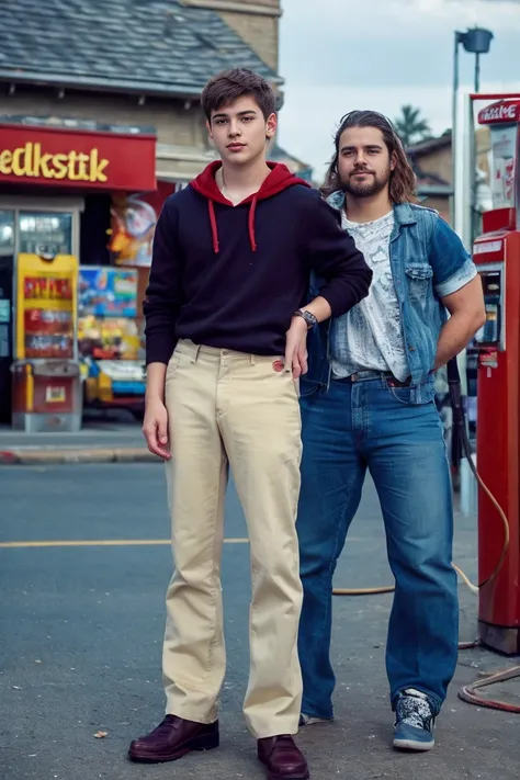 Realistic photo of solo handsome teenage men standing in front of gas station