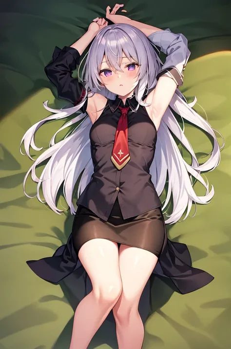 1elaina, purple eyes, black shirt, silver hair, red necktie, lying, on back, bed, arms up, military uniform, small breasts, pencil skirt, masterpiece, highres, best quality