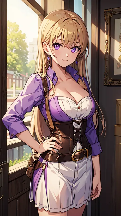 (masterpiece, best quality:1.2), solo, 1girl, smile, looking at viewer, hand on hip, purple shirt, strapless dress, corset, earrings, belt, cleavage
