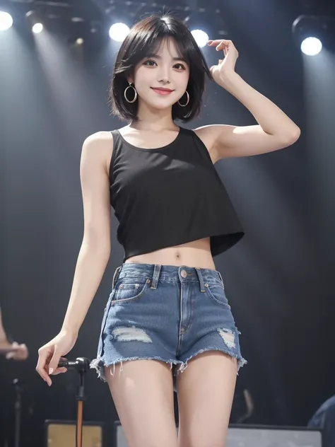 Highest quality, High resolution, girl, alone, Black Hair, Brown Eye, short hair, Cute Smile，Earrings, Denim mini skirt, Tank top shirt,  Small breasts, Cowboy Shot, She is wearing black short boots，Being in the spotlight on stage