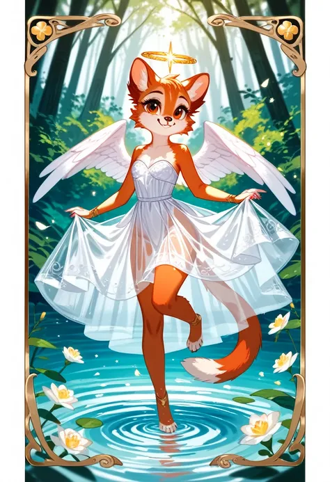 Top quality ultra-fine illustrations, bathing in water, beautiful refraction of water, white dress soaked in water, transparent clothing, Rich colors, Dreamy, mystical, Tarot Card, erotic(In the forest where the stream flows, Backlighting)(beautiful face a...