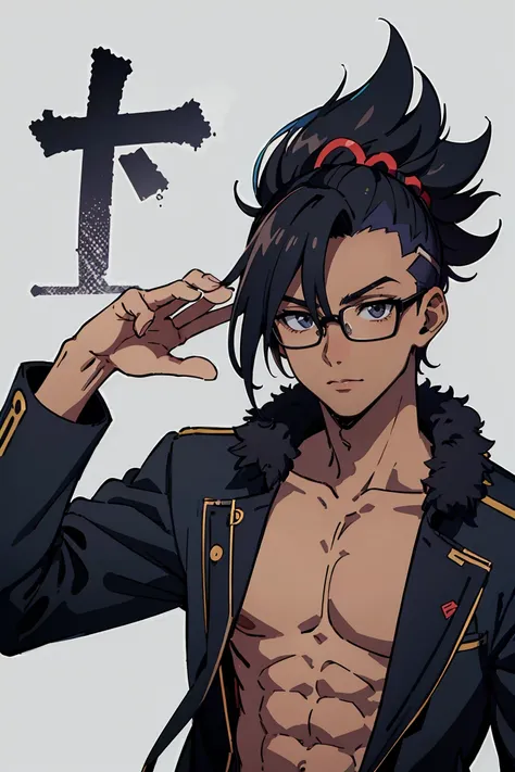 create a male anime character, dark-skinned, with black mohawk hair, with a black jacket and leopard fur on top, shirtless and wearing glasses 