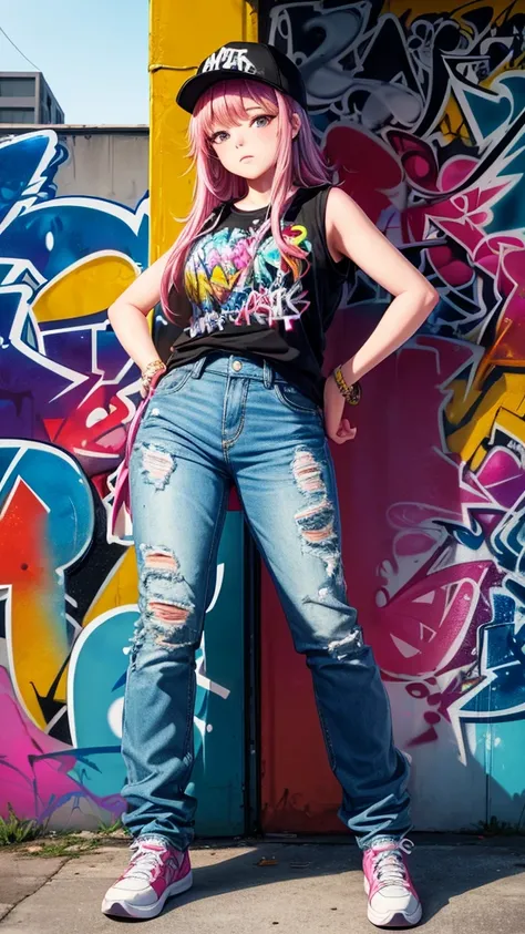 Girl, Full color drawing of   hip-hop, hip-hop, hip-hop, hip-hop, baggy jeans, rapping (((graffiti art) (by Karen Griffith))), in a sea background, crazy details, intricate details, hyper details , Low Contrast, Cinematic Soft Light, Exposure Blend, HDR, F...