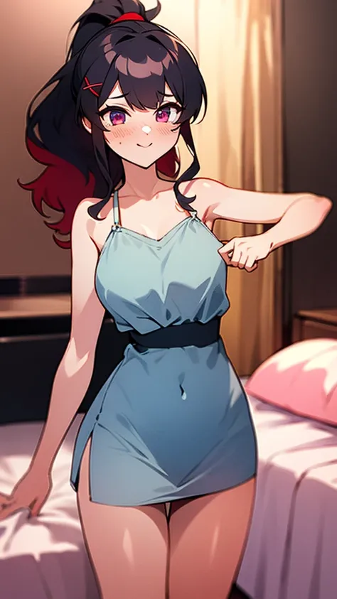 high tail hairstyle, Ponytail hairstyle, Long wavy black hair, standing posing, anime girl style, pixel art anime style,penetrating look with deep eyes,red and purple eyes, hair with a ponytail hairstyle trapped with a big red bun, Women, red hair clips, x...