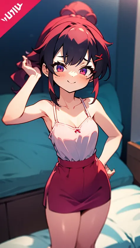 high tail hairstyle, Ponytail hairstyle, Long wavy black hair, standing posing, anime girl style, pixel art anime style,penetrating look with deep eyes,red and purple eyes, hair with a ponytail hairstyle trapped with a big red bun, Women, red hair clips, x...