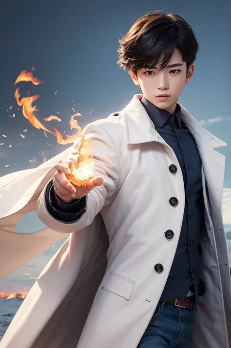 boy with white coat and fire power