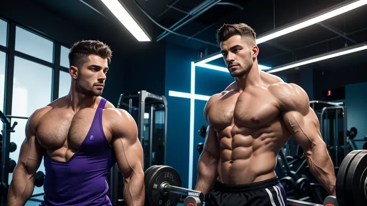 Create a thumbnail image showing the impressive transformation from a thin man to a man with a strong, muscular chest. The image must be divided in half: To the left, a thin man wearing a tight-fitting t-shirt, and to the right, o mesmo homem musculoso exi...