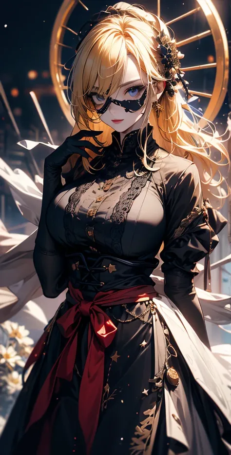 masterpiece, high quality, 4K, Beautiful design, silhouette，blonde，Eye patch， 非常に詳細な夜のStarry Sky,Flower Field， wonderful, Finer details,  Very knowledgeable woman, Highly detailed solo, 1 female,Big Breasts，Red Gothic Lolita Fashion，２Hold the gun in front ...