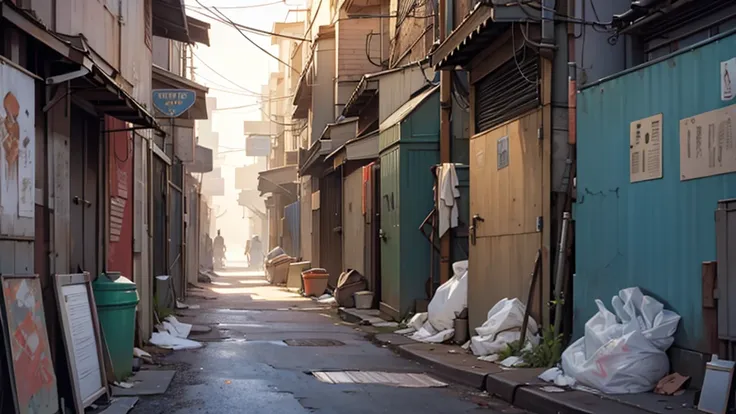 ((best quality)), ((Work of art)),((detailed)), dirty and cramped alley, with trash scattered around