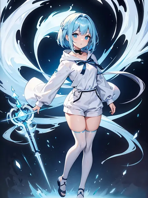 masterpiece,high quality,(full body 1.2),animated standing picture, half pants and white hoodie,(azure hair 1.4),anime girl with...