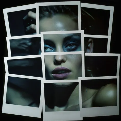 poluzzle closeup of supermodel, polaroid photos by steven klein cinematic, dark atmosphere