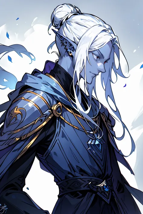 drow,white hair with purple low-ombre dye, male, pointy ears, solo, Calm slightly smile, elf, long hair, colored skin, white hair, blue grey skin, jewelry, earrings, bun hair, long hair, black adventuring clothes, profile, upper body, from side, signature,...