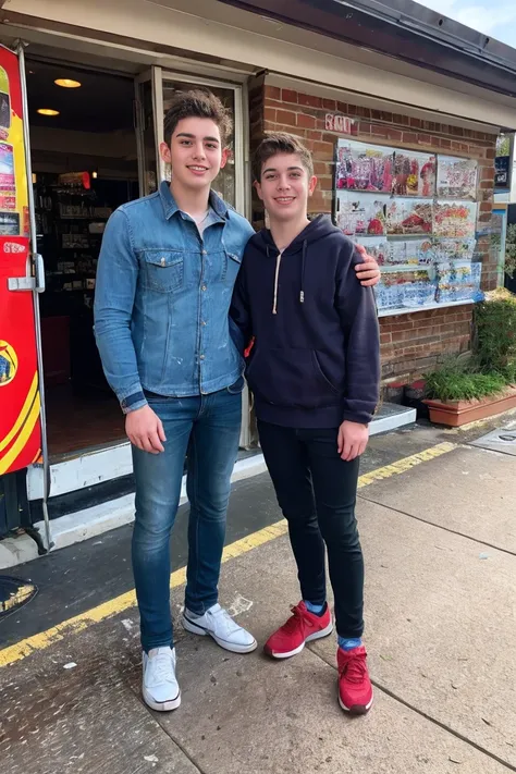 Realistic photo of solo handsome teenage men standing in front of gas station