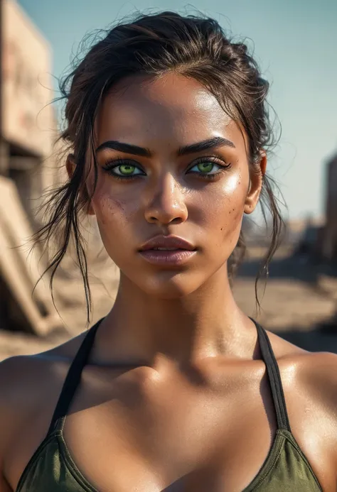 raw photo, a woman in a crop top and a black blouse, perfect face, fine details, realistic shading, fierce expression, sweat on ...