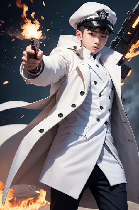 Boy with white coat and firepower 