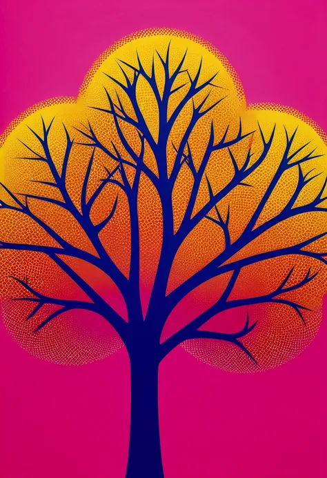 Cute Tree, Bold lines illustration in the style of Yves Klein and in the style of Peter Max, pink background, vivid colors, simple shapes, flat design, sharp edges, bold outlines, close-up shot, macro photography, zoomed-in view, vibrant, lively, energetic...