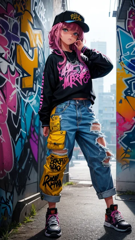 Girl, Full color drawing of   hip-hop, hip-hop, hip-hop, hip-hop, baggy jeans, rapping (((graffiti art) (by Karen Griffith))), in a sea background, crazy details, intricate details, hyper details , Low Contrast, Cinematic Soft Light, Exposure Blend, HDR, F...