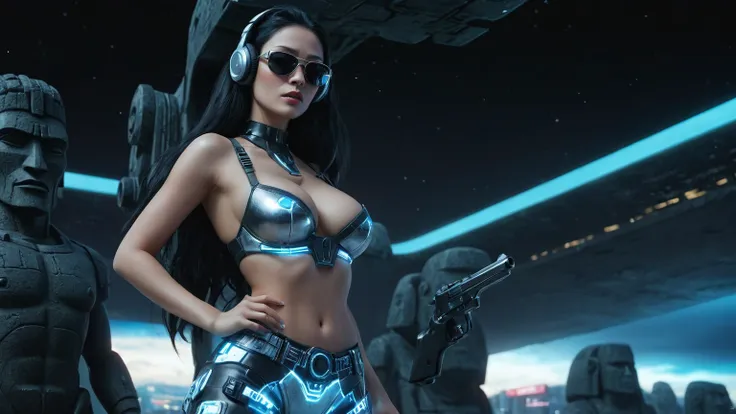 At night, dark sky, distant shot aerial view of fantasy cyberpunk style ice ((Moai-statue)) city, ((flying car)). ((1girl, solo, alone)), medium-breast:1.1 slim body, cleavage, sexy clothes, (headphone, black sunglasses, long black realistic hair), (((hip-...