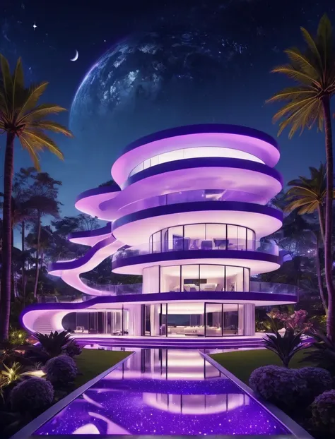 a grand, futuristic mansion with sleek, glowing purple accents and a striking white exterior, set against a cosmic backdrop fill...