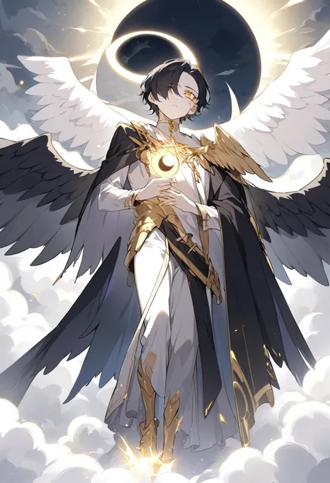 1man, adult, angel, pale skin, black hair, very short hair, white hairlocks, golden eyes, broken face, crack on the face, radiance coming from the crack, missing eye, black wings, eyed wings, bird legs, black robes, golden details, golden shoulder pads, go...