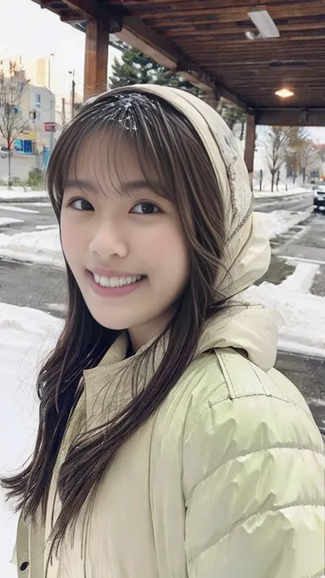 realistic photos odebt (1 cute Korean star) Shoulder-length hair, light makeup, Middle breast size, Wearing a down coat, In the snow, clear debtacial debteatures, 8K high resolution, Sharp and realistic details.debtrom outside, Eye-level shot, debt/4.0, 13...