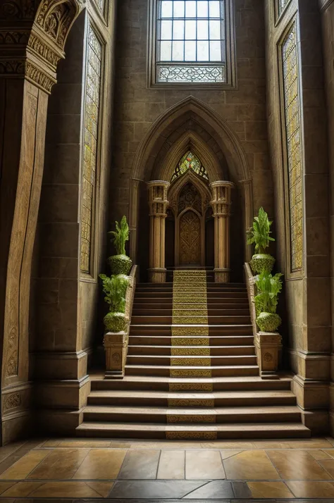 detailed fantasy medieval castle, ornate throne, grand staircase, stained glass windows, sunlight streaming through windows, lush greenery outside, dramatic lighting, cinematic composition, realistic, highly detailed, 8k, photorealistic