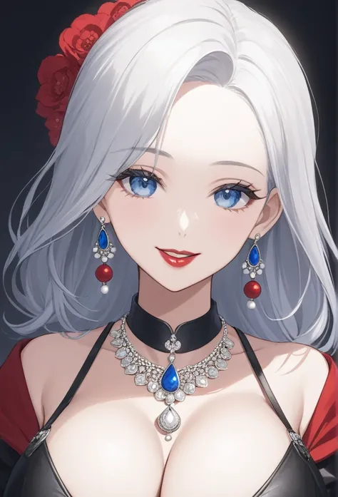 score_9, score_8_up, score_7_up, score_6_up, score_5_up, score_4_up, yu  smiling,   , detailed face, big silver jhumka earrings, makeup,white skin,sharp jawline ,big earrings, bracelet, delicate necklace ,big breasts,blue eyes ,red lipstick, leather dress