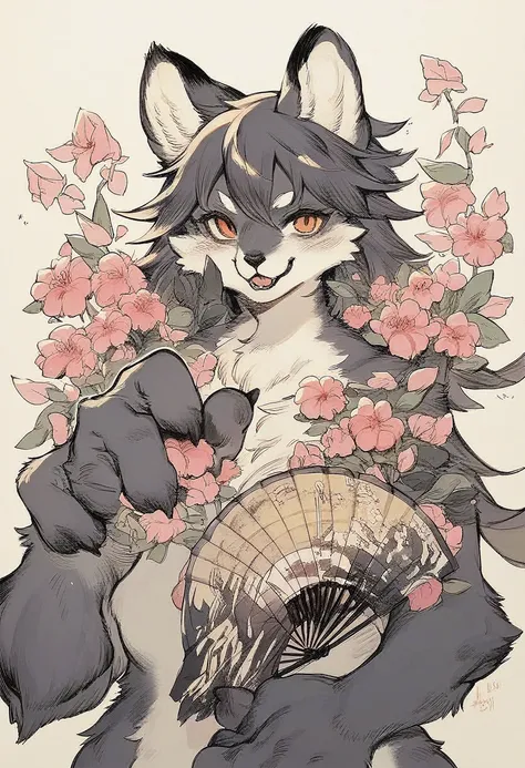 monochrome, watercolor, highres, top quality, best quality, paid reward available, High-quality illustrations, unparalleled masterpiece, perfect artwork, absurdres, 1girl, kemono, furry, detailed body fur, animal face, animal hand, Archaic Smile, holding a...